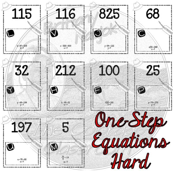 6th Grade Mathematics scavenger hunt last 10 problems in black and white - one-step equations hard.