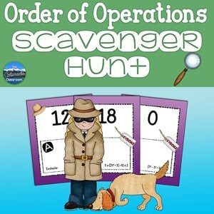 Order of Operations scavenger hunt math game cover with child detective and snooping dog.