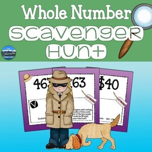 Whole number scavenger hunt cover with child detective and snooping dog.