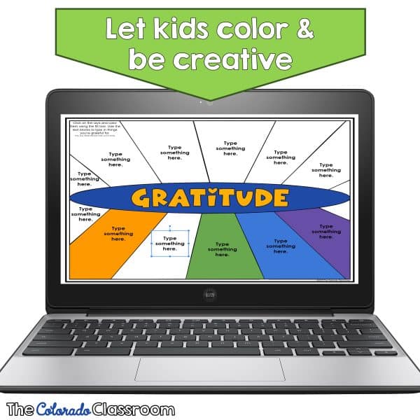 Gratitude Journal sample page with explanation to just let kids color and be creative