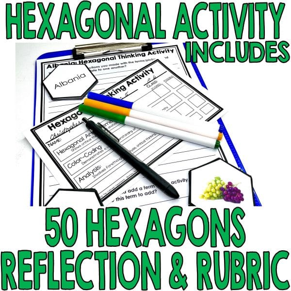 Albania geography workbook includes hexagonal activity with hexagons, worksheet, and rubric as seen in the photograph