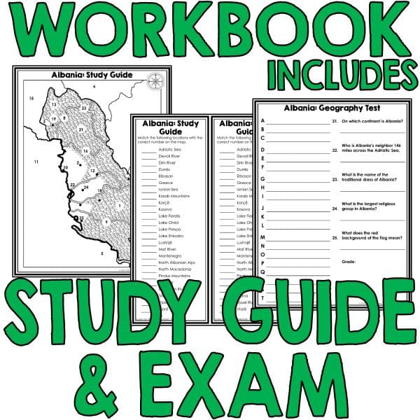 Albania geography workbook includes study guide and exam as seen here.