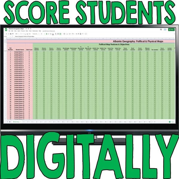 Albania geography scoring sheet for maps assessment in Google Sheets™ with "Score Students Digitally" in a text overlay