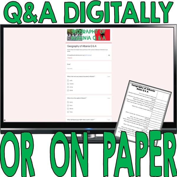 Albania geography basic question and answer sheet in Google Forms™ and as a paper image with "Q&A Digitally or on Paper" in a text overlay