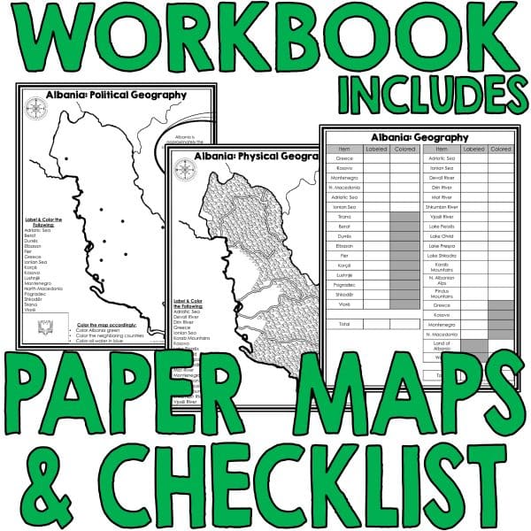 Albania geography workbook includes paper maps and a checklist as seen here.