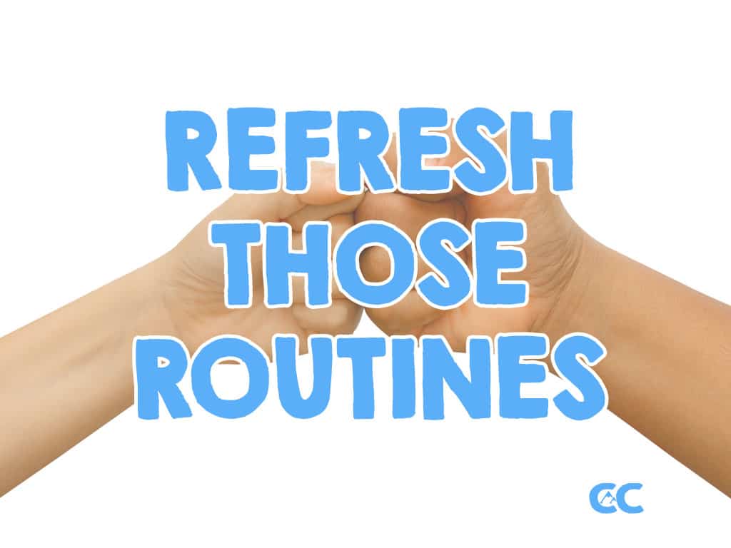 Two fists bumping with the text overlay "Refresh those Routines" and The Colorado Classroom logo.