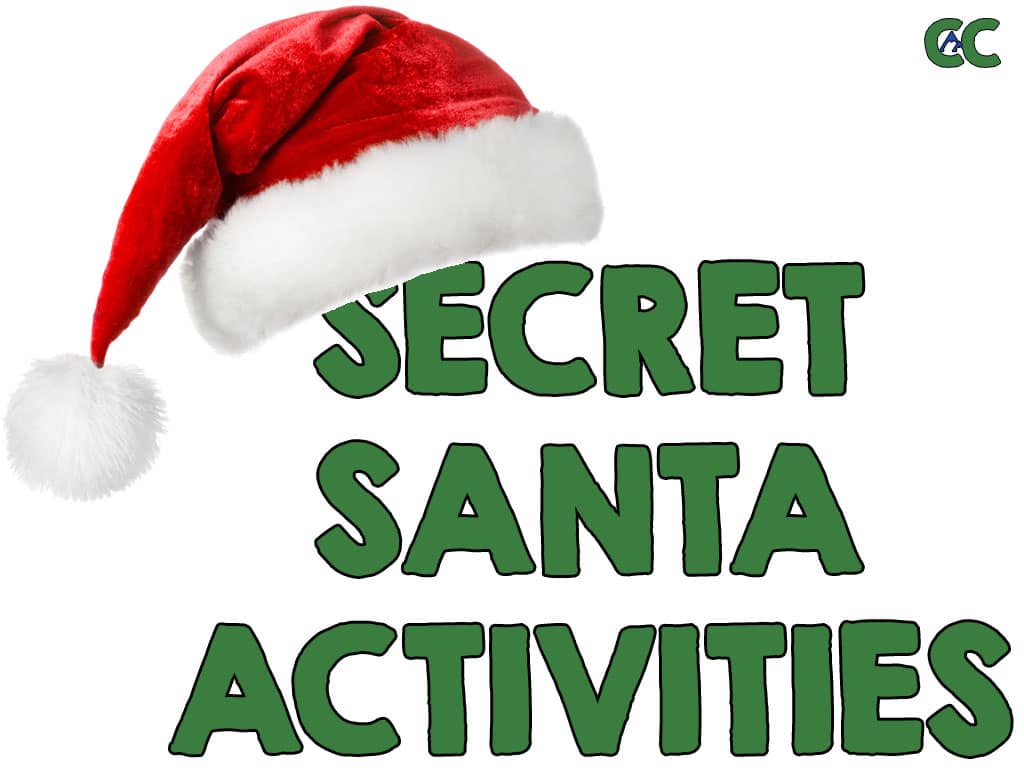 Text "Secret Santa Activities" with a Santa hat positioned as if the text is wearing the hat.  Also includes The Colorado Classroom logo.