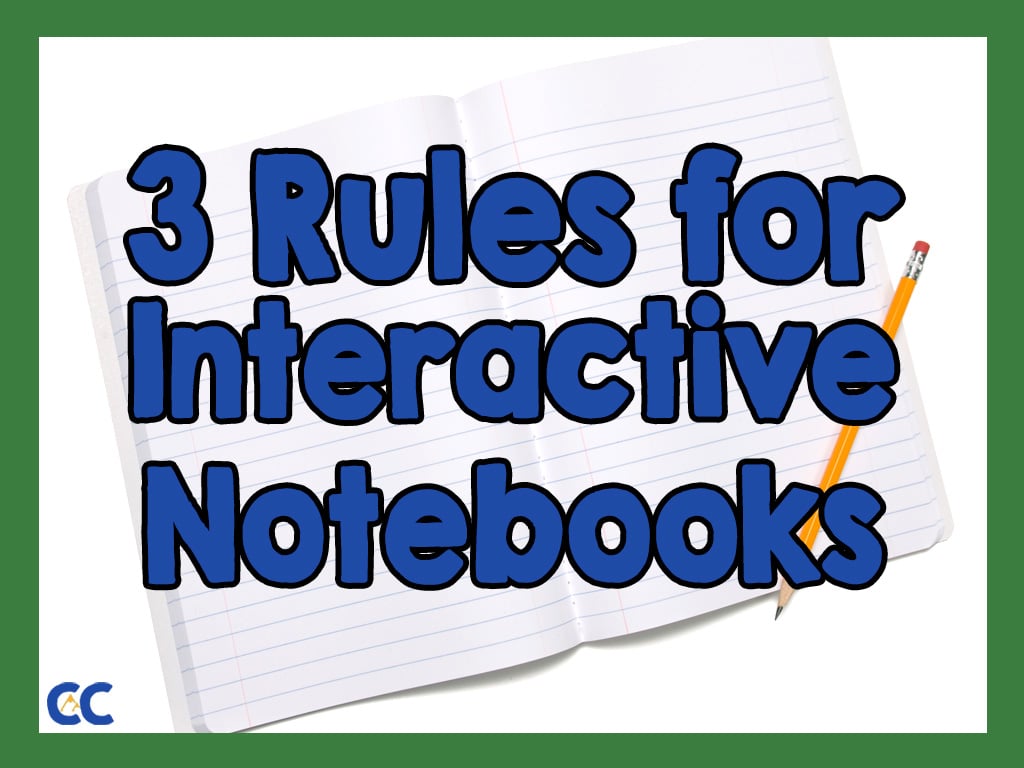 An open, but blank, composition book with a sharpened pencil on top. On top of which is the text overlay, "3 Rules for Interactive Notebooks" and "The Colorado Classroom" logo.