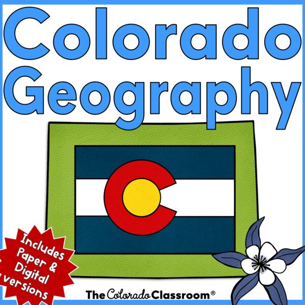 Colorado Geography in light blue with the state outline, state flag, and state flower all layered on top of one another.