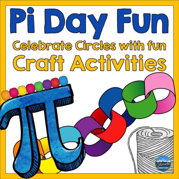 Pi Day Craft Activities shows beads, paper chains, & twine all in bright color.