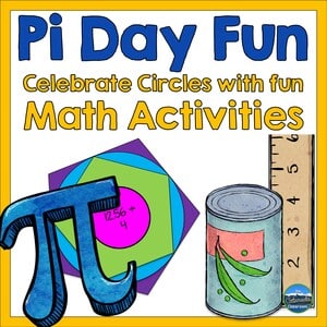 Pi Day Math Activities with a can and measuring stick, 3 polygons, and a math equation in a circle.