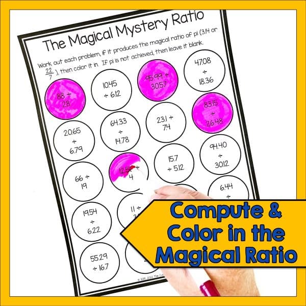 Pi Day Math Activities example 1 activity - compute and color in the magical ratio.