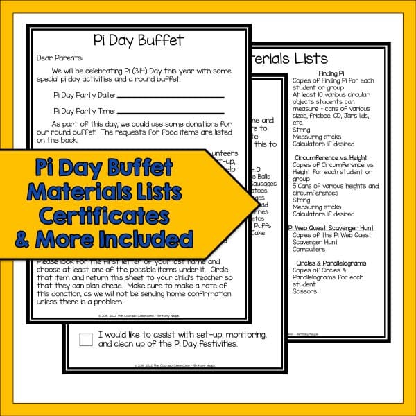 Pi Day Buffet letter and materials list.