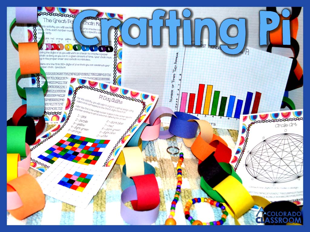 A dark blue frame and light blue text saying, "Crafting Pi" with a picture of colorful crafts.