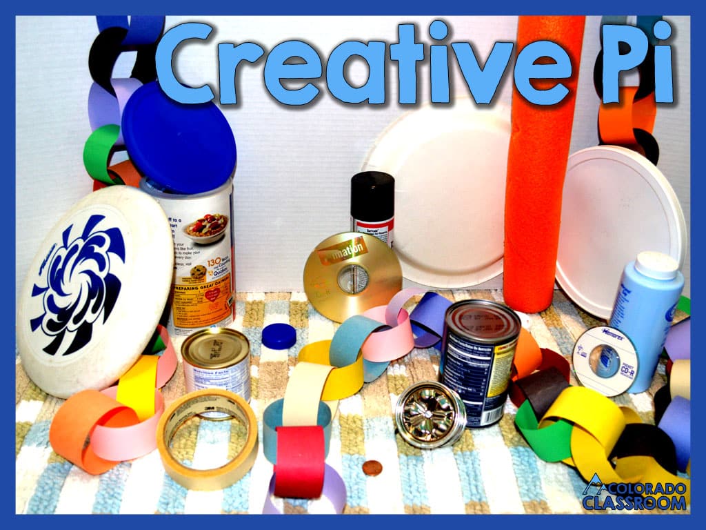 A dark blue frame and light blue text saying, "Creative Pi" with a picture of round everyday objects.