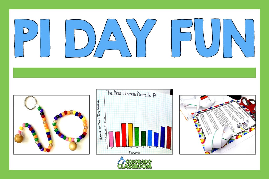 Bright green frame with "Pi Day Fun" in light blue text and underscored with a thick light green line. Underneath are three pictures from various Pi Day activities.