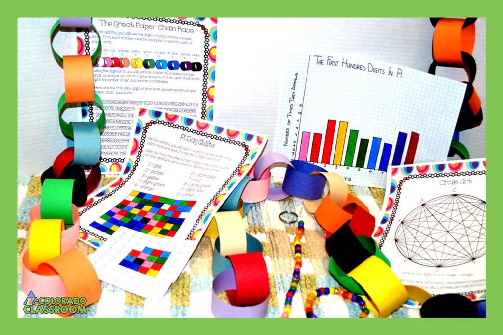 Bright green frame with many pages and activities from the Pi Day celebration.  Includes paper chains, Pi Day Quilts, Circle Art, bar graph, bracelet and keychain.