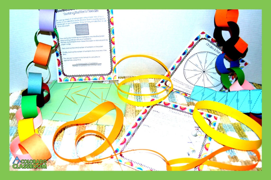 Bright green frame with many pages and activities from the Pi Day celebration.  Includes moebius strips, circles, parallelograms, and Buffon's Needle, etc.