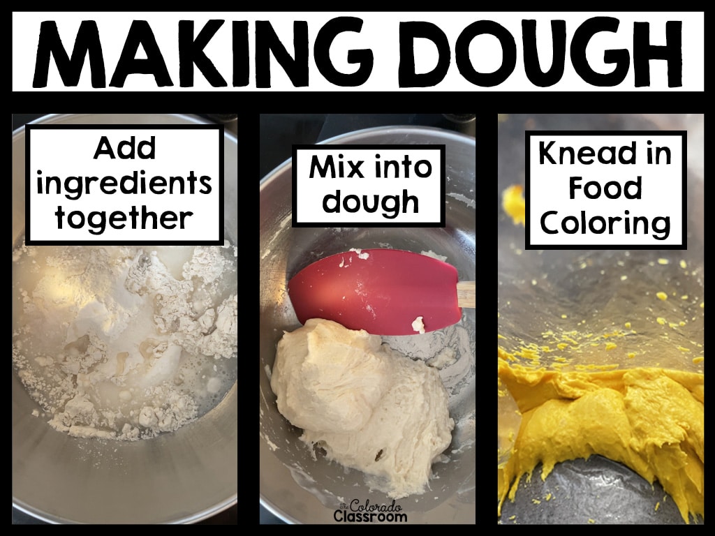 Making salt dough in three steps, from adding ingredients together, to mixing it into a dough, to adding in the food coloring.