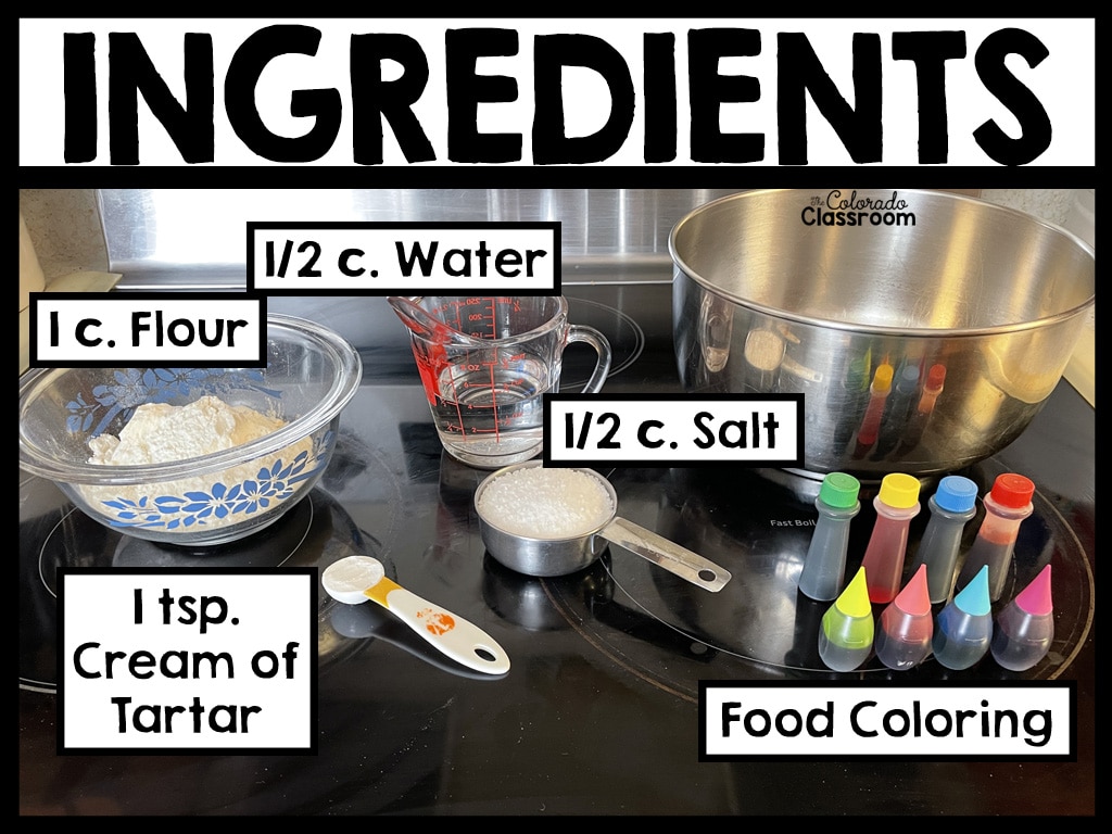 A stovetop with all the ingredients for salt dough laid out and measured in mise en place system, ready to go into a mixing bowl. Each ingredient and its amount is listed and labeled on the picture.