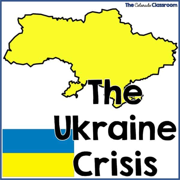 A yellow outline map of Ukraine, a flag of Ukraine, and the text "The Ukraine Crisis"