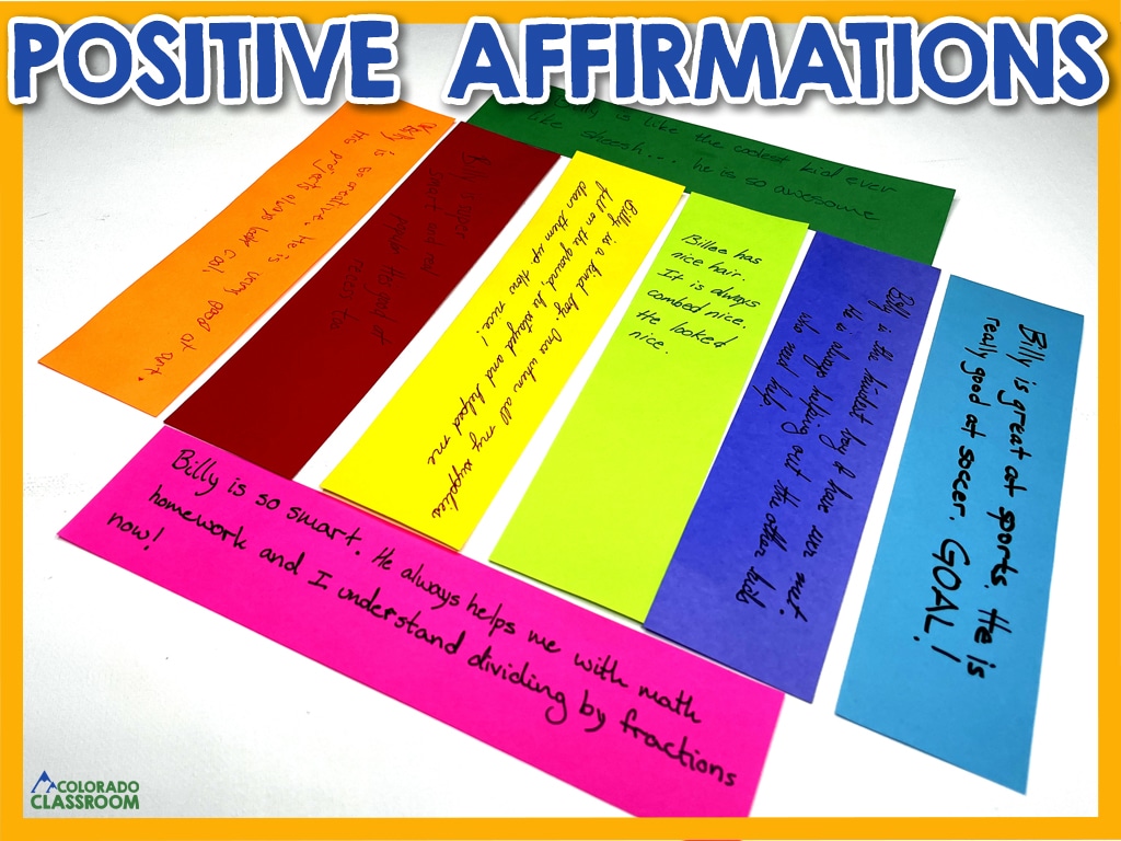 8 brightly colored, narrow strips of paper, each with a sentence or two about Billy and his positive attributes. Up above in dark blue are the words "Positive Affirmations" and all of this is inside a golden yellow frame.