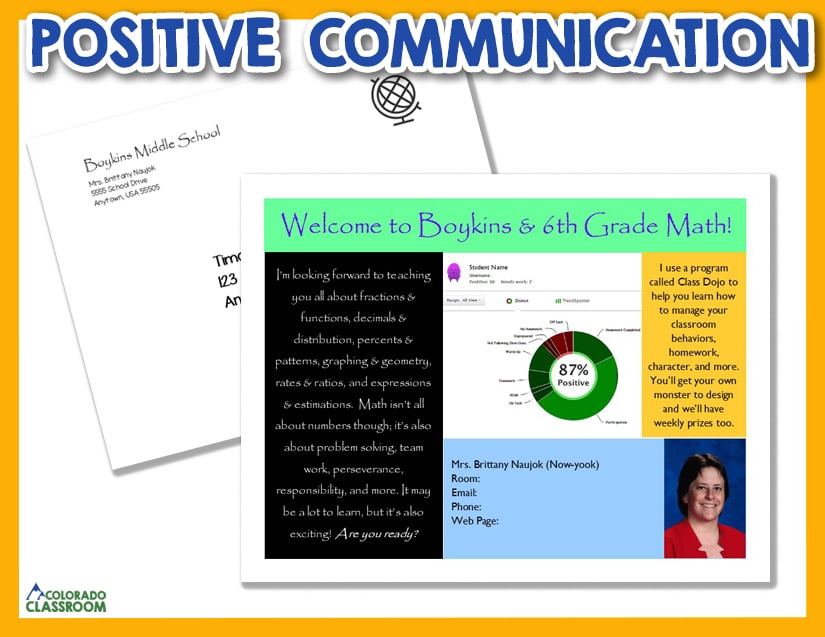 An example of a pre-school year postcard with the words "Positive Communication" written in dark blue across the top and it all inside a golden yellow frame.