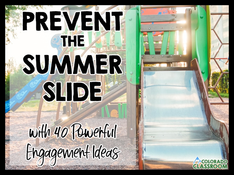 A green, brown, and aluminum backyard playset with a slide front and center. Text overlays the image saying, "Prevent the Summer Slide with 40 Powerful Engagement Ideas."