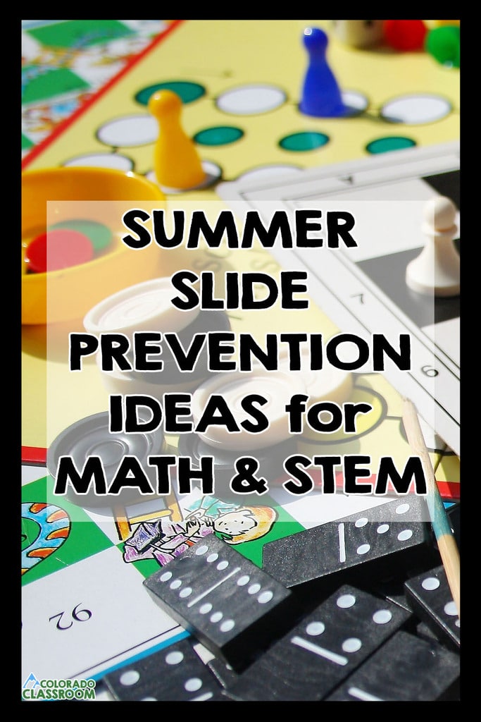 A picture of board games, dominoes, cards, and more with the text overlay that says, "Summer Slide Prevention Ideas for Math & STEM."