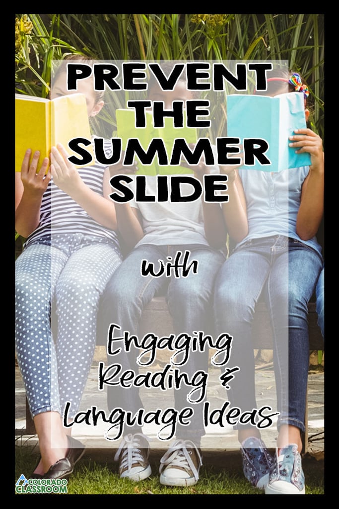 Three children sit on a bench reading colorful books in a lush setting. On top of that image is the text overlay, "Prevent the Summer Slide with Engaging Reading & Language Ideas."