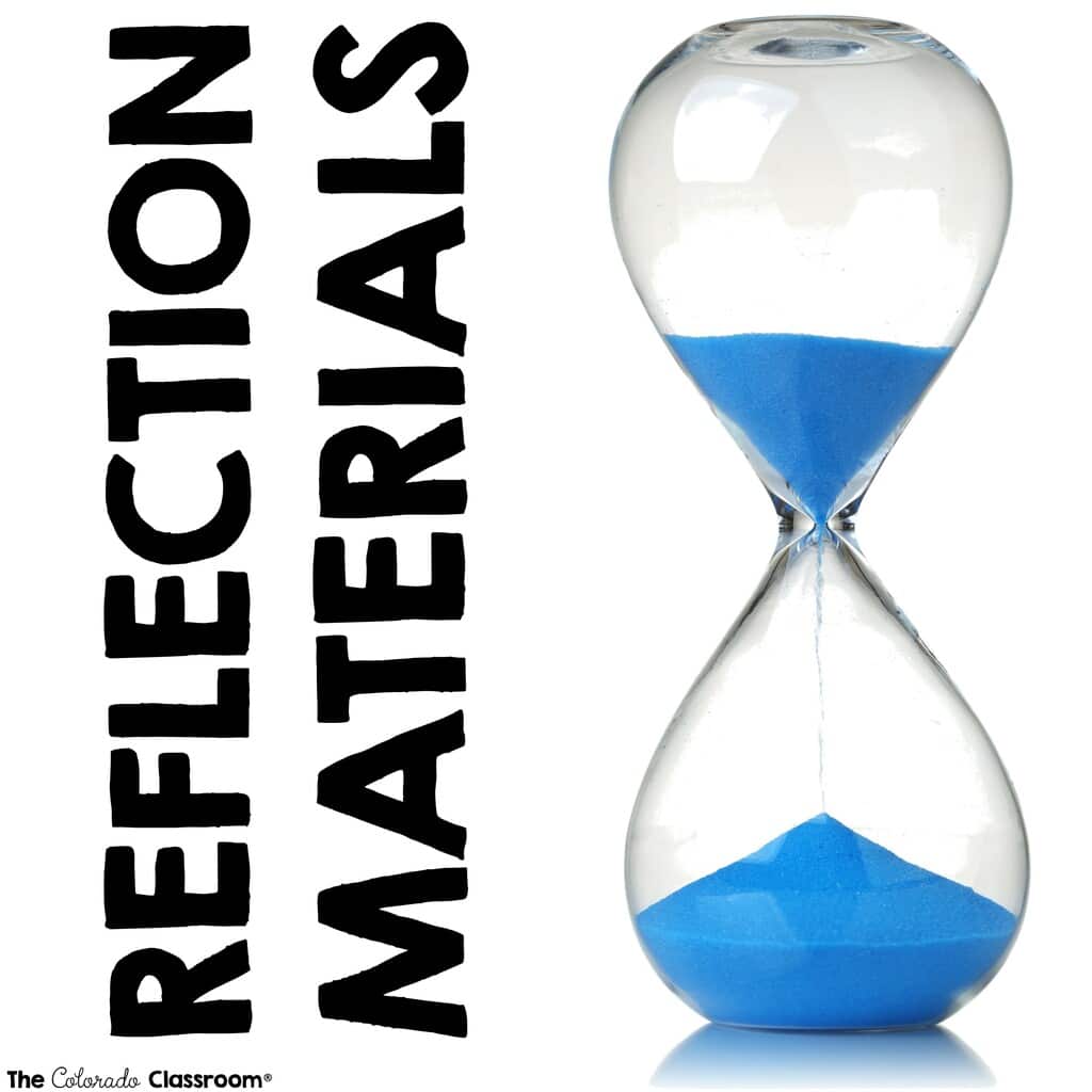 A glass sand timer with bright blue sand that is half-way through running. On the left is the text, "Reflection Materials"