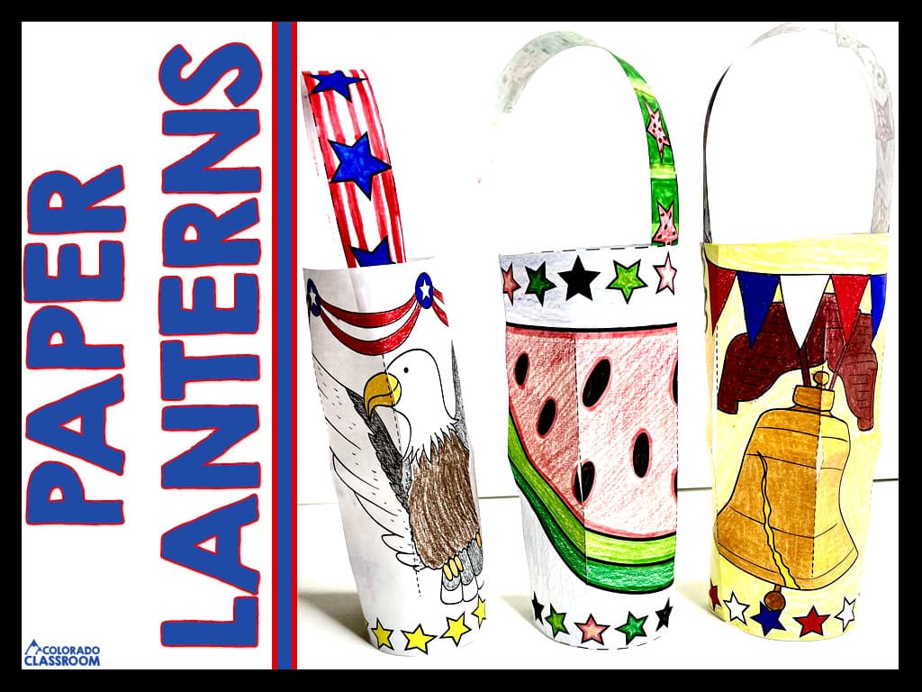 Three patriotic and summer paper lanterns featuring a bald eagle, a watermelon, and the Liberty Bell are photographed next to text which reads, "Paper Lanterns."