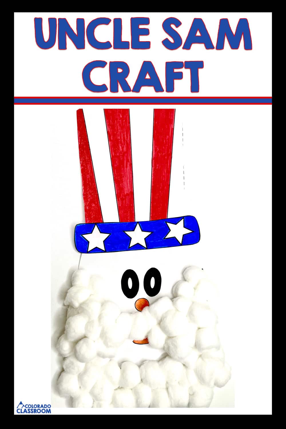 This easy 4th of July craft is a paper and cotton ball rendition of Uncle Sam. In red, white, and blue stars, stripes, and cotton balls Uncle Sam comes to life with this cute and easy craft.