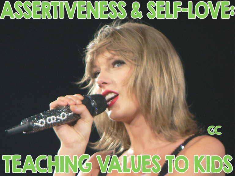 A picture of Taylor Swift holding a sparkly 1989 microphone, with the text overlay, "Assertiveness & Self-Love: Teaching Values to Kids"