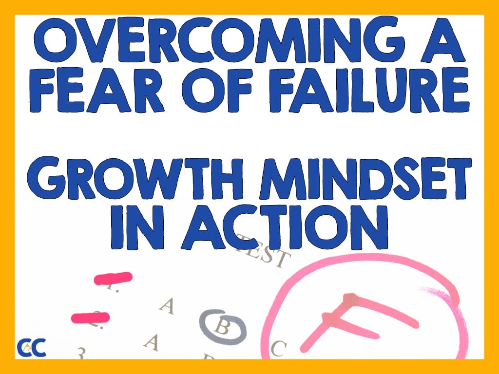 A multiple-choice test has been graded and received an "F" in red ink. On top is a text overlay, "Overcoming a Fear of Failure: Growth Mindset in Action."