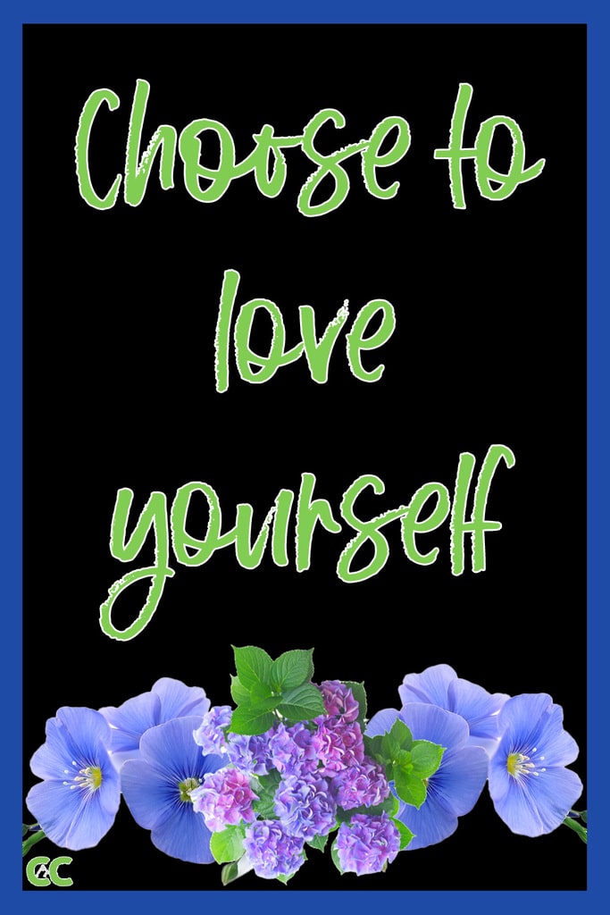 Black background with lime green text reading, "Choose to love yourself" On the bottom are purple and blue flowers with green leaves and the Colorado Classroom logo.