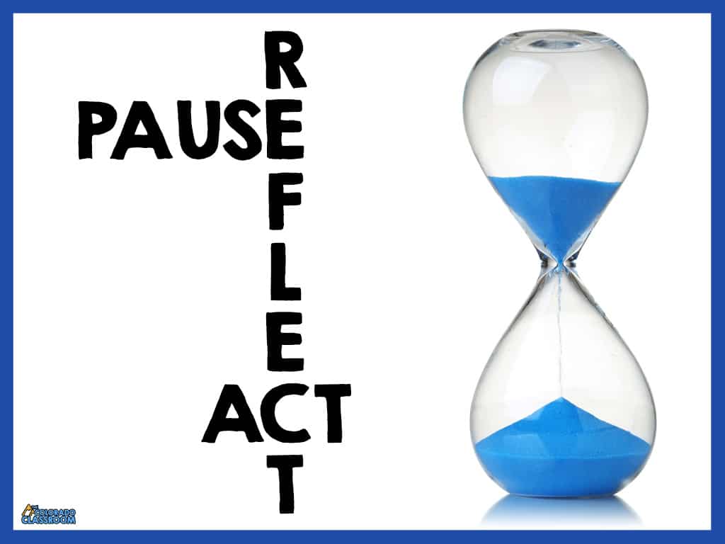 A glass sand timer about halfway through with bright blue sand fills up the right-hand side of the image. On the left, in a crossword-style arrangement, are the words suggestions for the end of year to "PAUSE," "REFLECT," & "ACT."