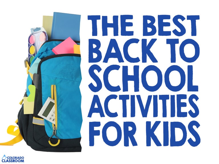 A bright blue backpack spilling out its contents, halfway covered by a torn white paper image. On top of the torn white paper is the text "The Best Back to School Activities for Kids"