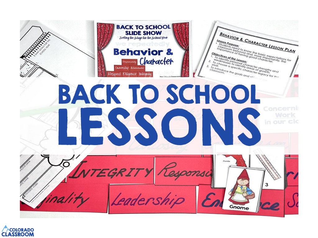 Components of a Back to School lesson are arranged on a white background. Overlayed on top of them is the text, "Back to School Lessons"
