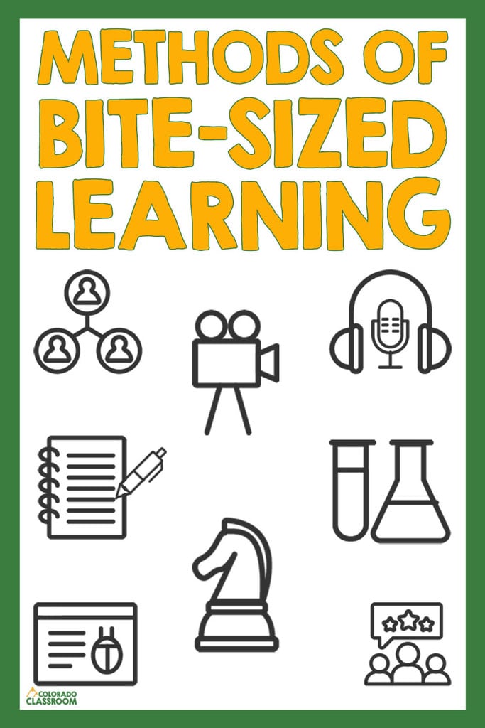 A green rectangle surrounds the words Methods of Bite-Sized Learning and eight icons that represent eight ways to teach in bite-sized format.
