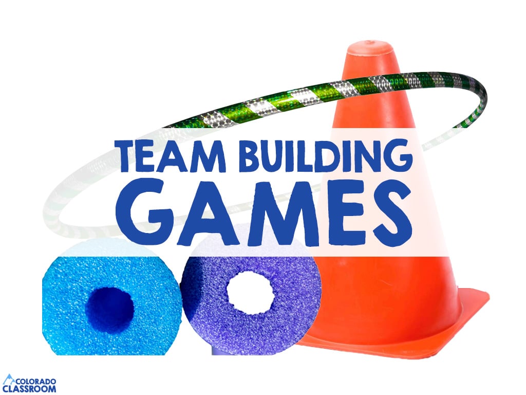 Pool noodles, a traffic cone, and a hula hoop are arranged in a pile, and overlaid on top is the text, "Team Building Games."