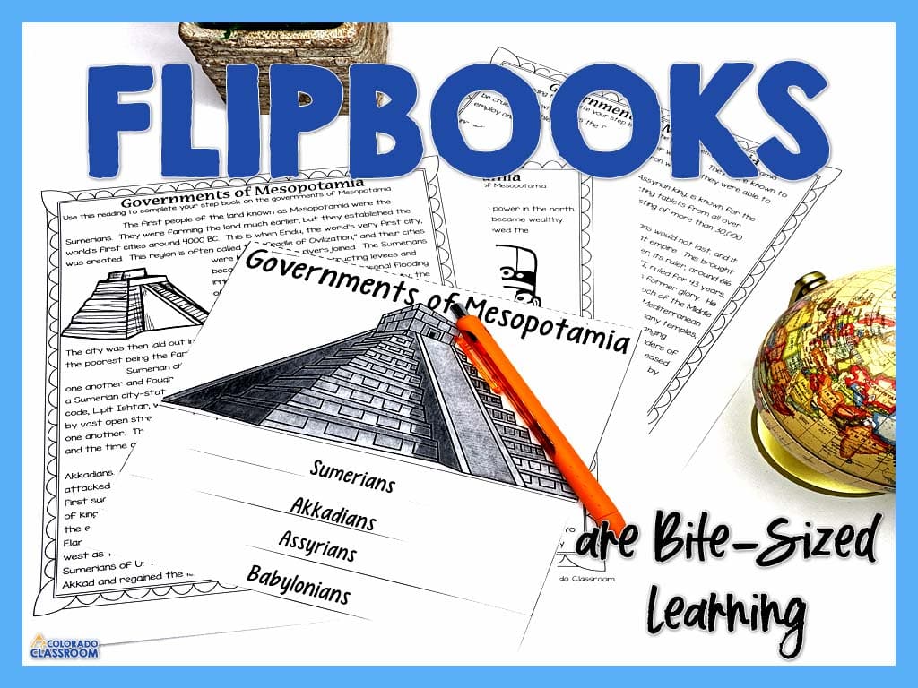 FLIPBOOKS in dark blue lies above an image of a Mesopotamia article and a flipbook of the Governments of Mesopotamia.