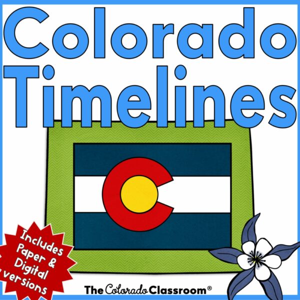 Colorado Timeline on a white field with a green state outline on top of which is a Colorado state flag and a picture of columbine flower.