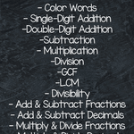 List of skills covered in differentiated math practice color by numbers
