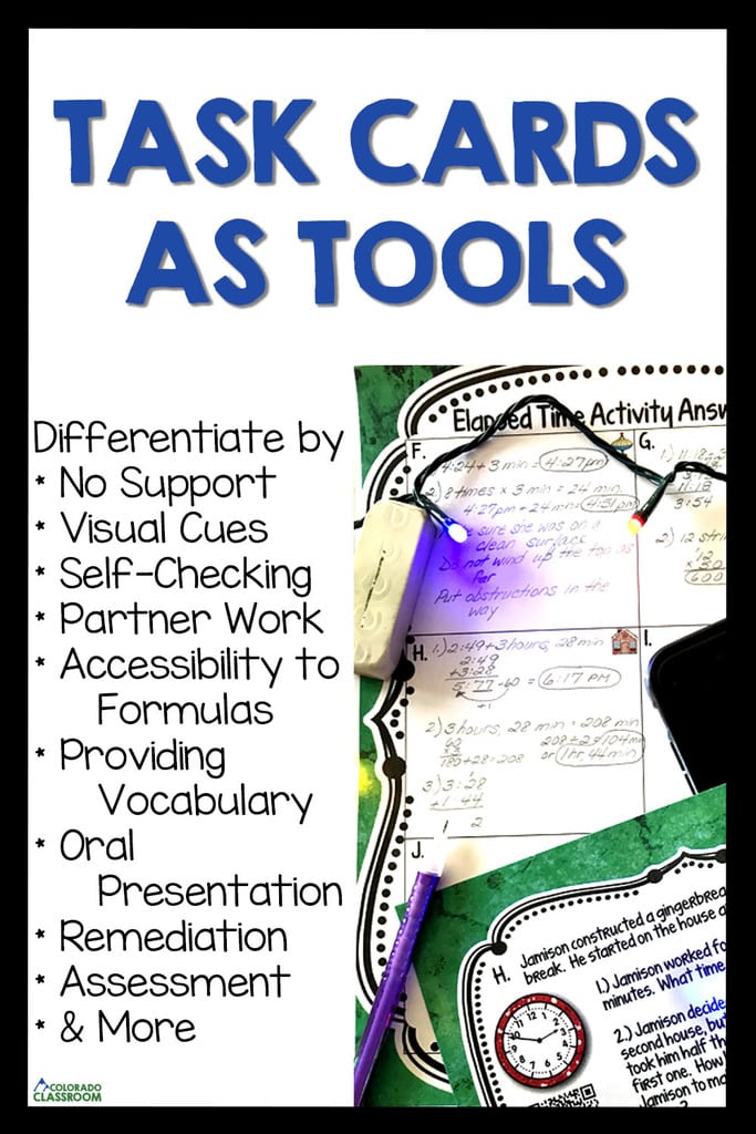 This picture features a task card from Christmas and the concept of Elapsed Time. It shows one card, the answer page, a phone, a pencil, and an eraser. On the left side of the page, ways to differentiate with task cards are listed.