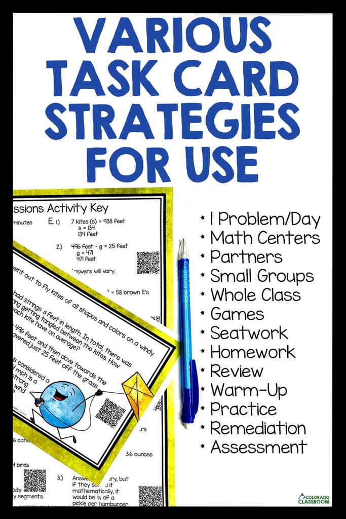 On the left side of the page is a photograph from Spring Expressions Task Cards. It shows one of the answer pages, a task card, and a blue pencil. On the right side, ways to use task cards are listed out, including with partners, small groups, in centers, and as assessment and remediation.