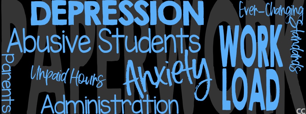 Reasons for quitting (such as anxiety, depression, administration, abusive students, etc.) are scrawled in blue against a black background.