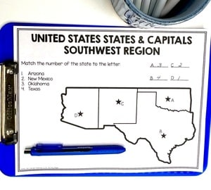 Southwest region map which asks students to identify the state by the number on the map.