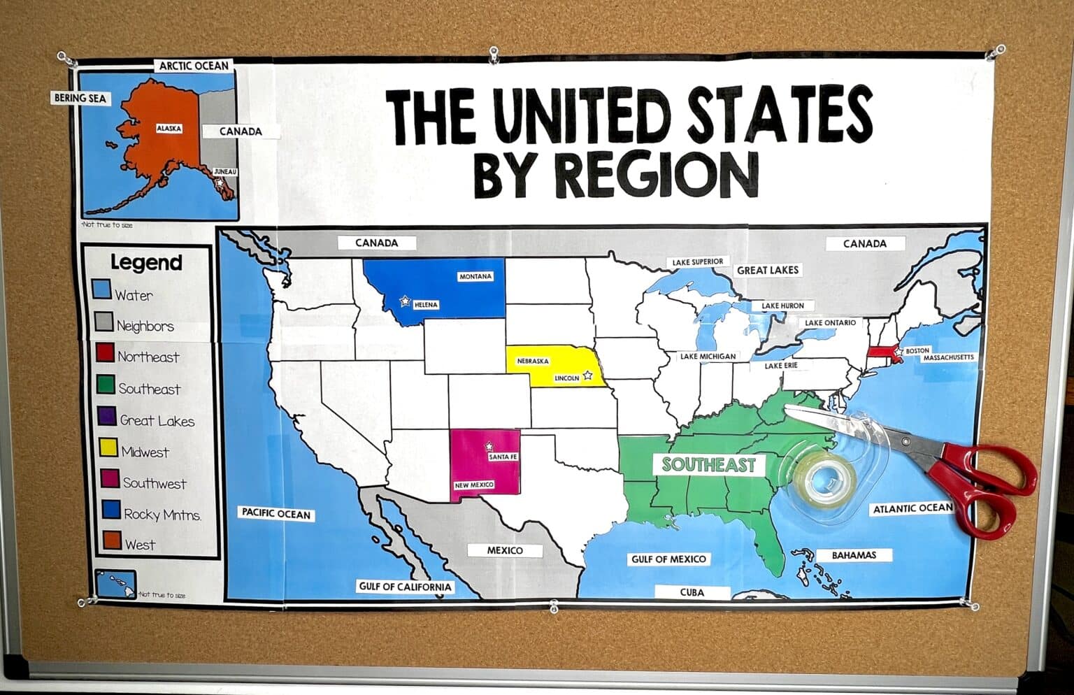 States and Capitals interactive wall map with regions, states, and capitals added and labeled, along with countries, bodies of water, and more.