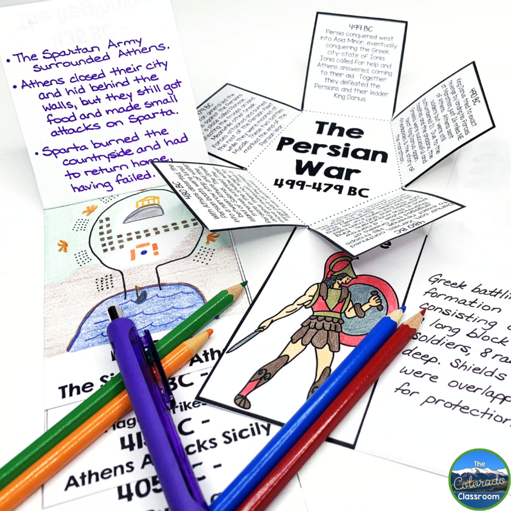 This image shows Ancient Greek history activities focusing on the Persian War, including interactive notebook activities. 